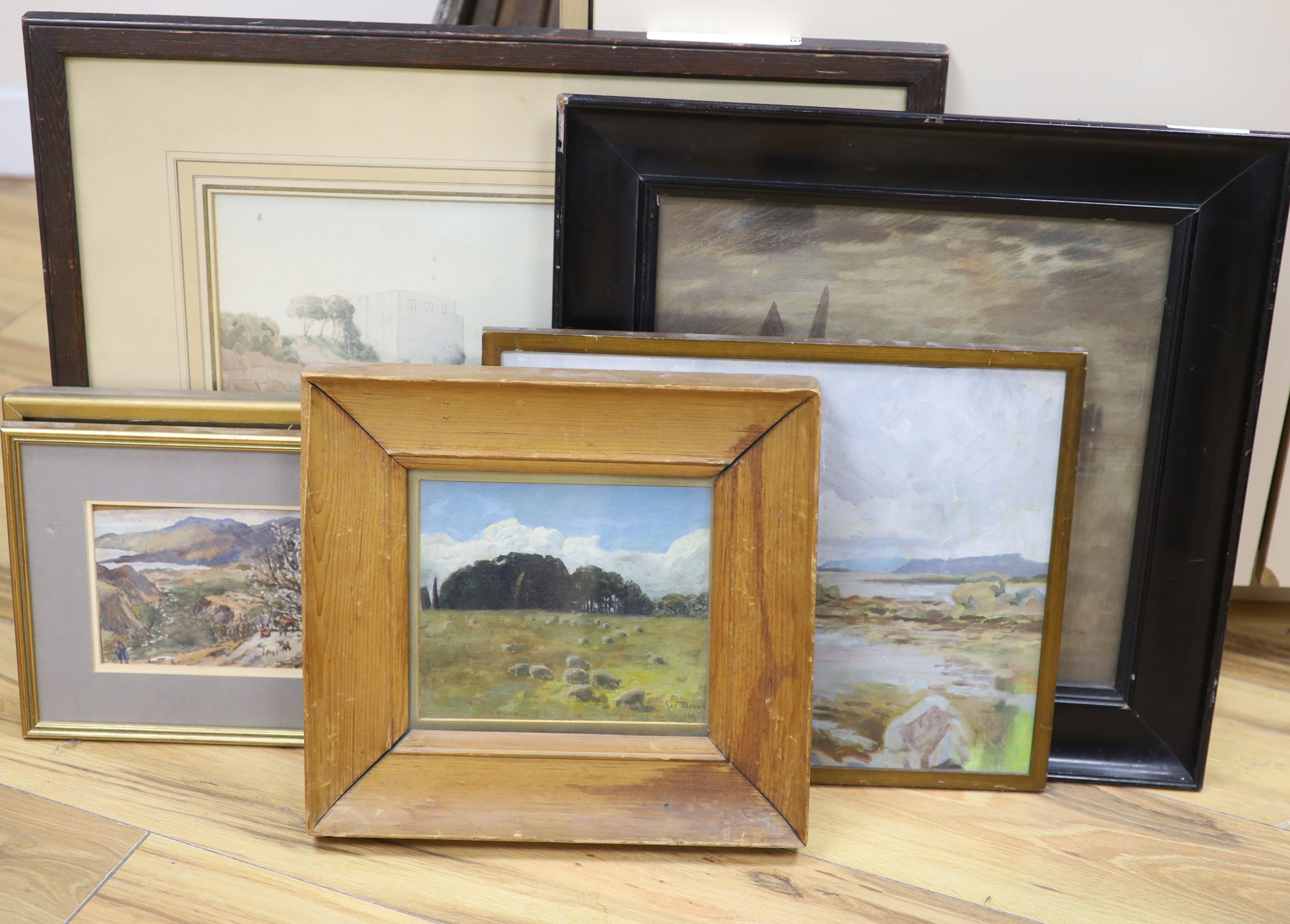 A group of assorted paintings including a watercolour of Falaise, attributed to Roger Fry, 28 x 36cm